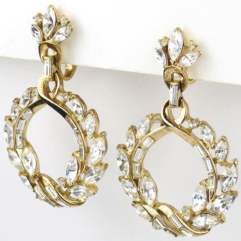 Trifari 'Alfred Philippe' Gold and Rhinestones Pendant Circular Floral Wreath Clip Earrings
