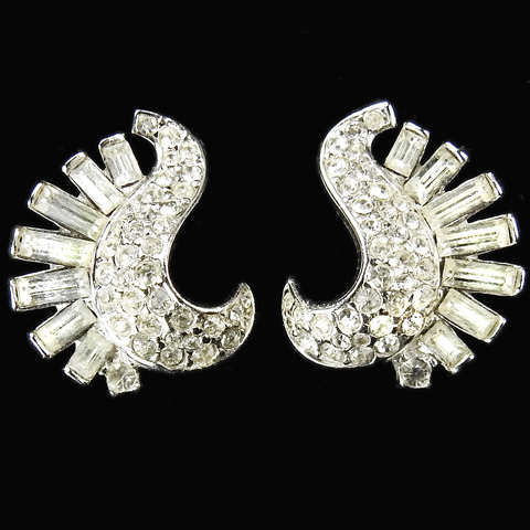 Trifari 'Alfred Philippe' Pave and Baguettes Swirl Clip Earrings