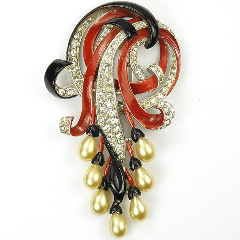 Trifari 'Alfred Philippe' Pave Red and Black Enamel and Pearls Fruit Swirls Pin Clip