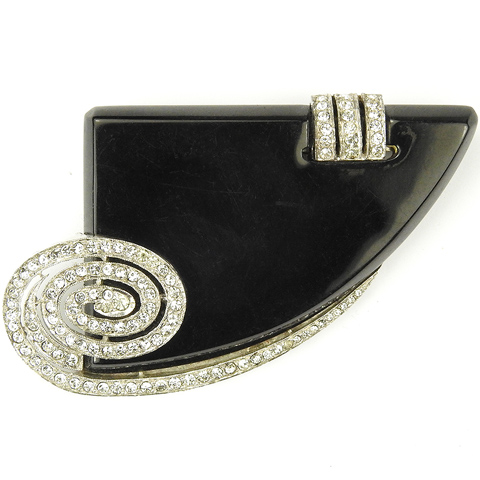 KTF Trifari 'Alfred Philippe' Deco Black Bakelite Quadrant with Pave Spiral Dress Clip