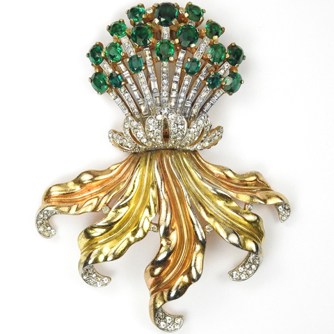 Trifari 'Alfred Philippe' Pave Emeralds and Gold Leaves Giant Floral Spray Pin Clip