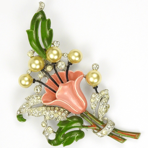 Trifari 'Alfred Philippe' Pave Enamel and Pearls Lily Pin Clip