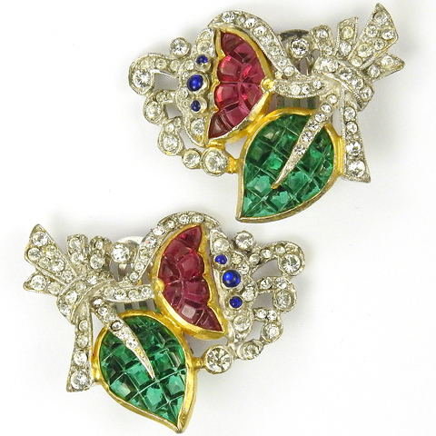 KTF Trifari 'Alfred Philippe' Pave and Invisibly Set Rubies and Emeralds Fruit Salads Flower and Leaf Clip Earrings