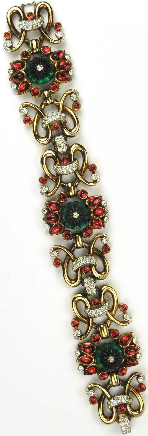 Trifari 'Alfred Philippe' Gold Ruby and Melon Cut Emerald Wide Moghul ...