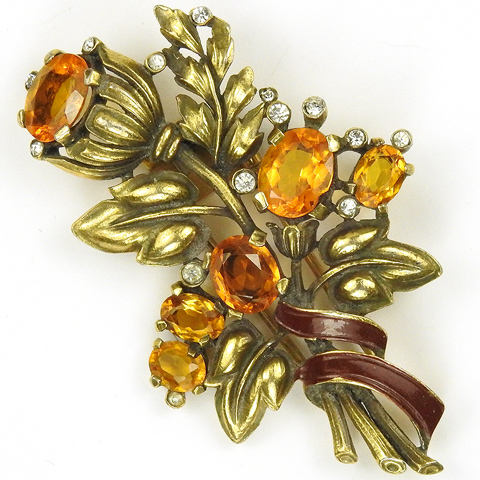 Trifari 'Alfred Philippe' Gold Citrine and Red Enamel Bell Flower Floral Spray Pin Clip