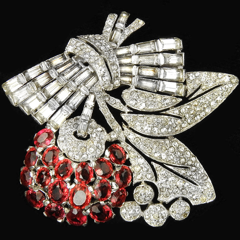 KTF Trifari 'Alfred Philippe' Pave Leaves and Baguette Bow Ruby Apple on Branch Pin