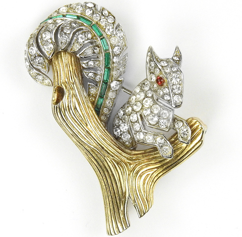 Trifari 'Alfred Philippe' Gold Pave and Emerald Baguettes Squirrel in Tree Branch Pin