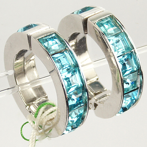 Trifari 'Alfred Philippe' Invisibly Set Single Row of Aquamarines Sprung Hoops 'Wedding Band' Clip Earrings 