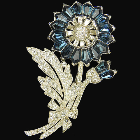 Trifari 'Alfred Philippe' Invisibly Set Kite Shaped Sapphires Flower and Bud Pin Clip
