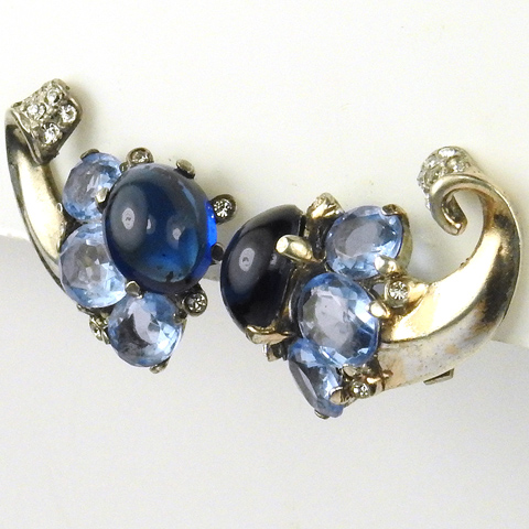 Trifari Sterling 'Alfred Philippe' Sapphire and Blue Topaz Cabochon Cornucopia Clip Earrings