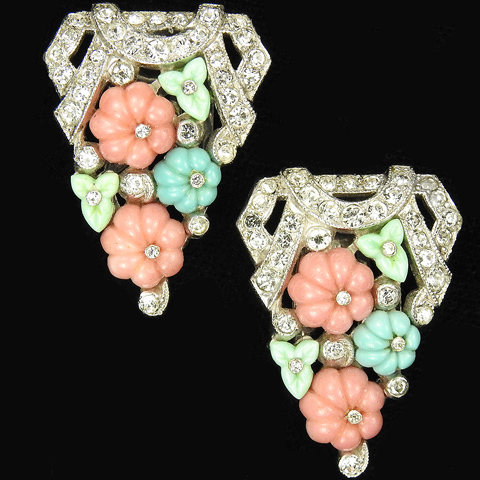 Trifari 'Alfred Philippe' Pave Turquoise Coral and Jade Pastel Fruit Salads Pair of Dress Clips