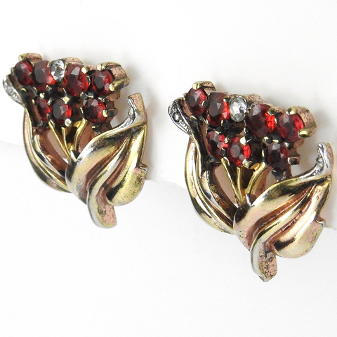 Trifari 'Alfred Philippe' Yellow and Rose Gold Leaves and Ruby Flowers Screwback Earrings