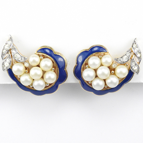Trifari 'Alfred Philippe' 'Romantique' Empress Eugenie Style Pave Blue Enamel and Pearls Swirl Clip Earrings