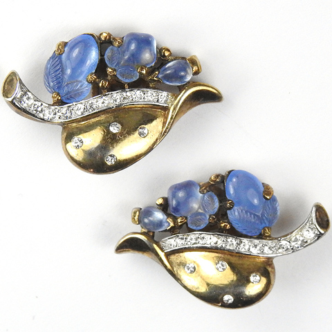 Trifari 'Alfred Philippe' 'Floraleaf' Blue Moonstone Fruit Salads Clip Earrings