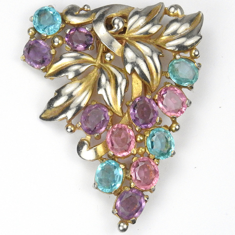 Trifari 'Alfred Philippe' Gold Leaves Amethyst Pink and Blue Topaz Floral Spray Pin Clip