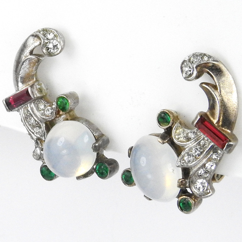 Trifari Sterling 'Alfred Philippe' 'Talisman' Gold White Moonstone Ruby and Emerald Clip Earrings