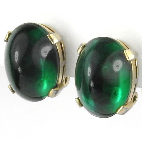 Trifari 'Alfred Philippe' Gold and Emerald Cabochons Button Clip Earrings