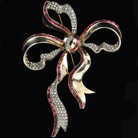 Trifari Sterling 'Alfred Philippe' Gold Pave and Invisibly Set Ruby Baguette Deco Bow Knot Pin