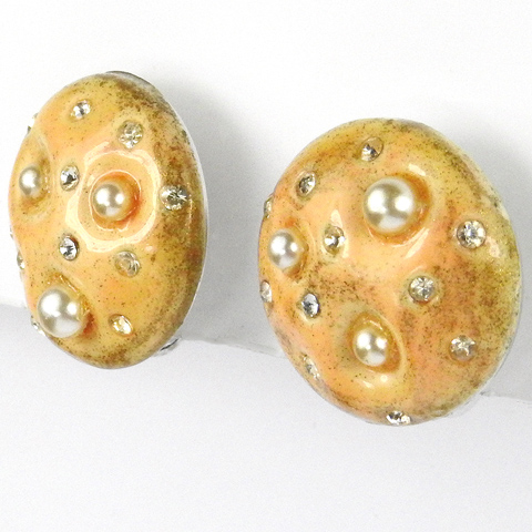Trifari 'Alfred Philippe' 'Tropical Fantasies' Gold-Dusted Yellow Enamel and Pearls Clip Earrings
