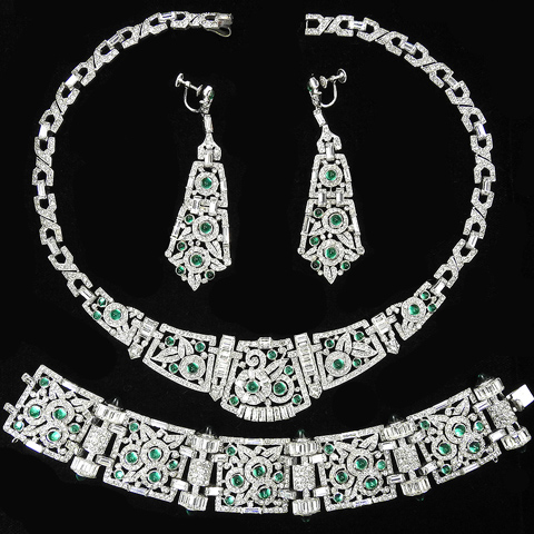 KTF Trifari 'Alfred Philippe' Deco Pave Emerald Cabochons and Diamante Baguettes Flower Circles Pattern Necklace Bracelet and Pendant Screwback Earrings Set