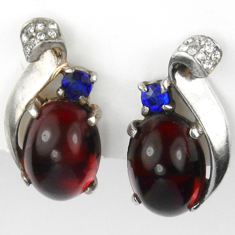 Trifari Sterling 'Alfred Philippe' Gold and Pave Swirl Ruby Cabochon Royal Crown Clip Earrings