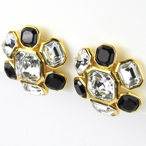 Trifari TM Diamante and Onyx Octagon Cut Clusters Clip Earrings