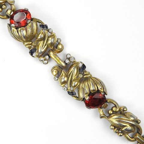 Trifari 'Alfred Philippe' Gold Leaves Blue Enamel and Two Ruby Bell Flowers Bracelet
