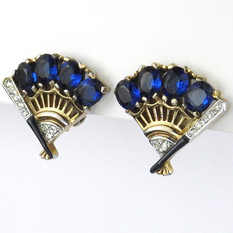 Trifari 'Alfred Philippe' 'Fontainebleau' Gold Pave Sapphire and Enamel Fan Clip Earrings