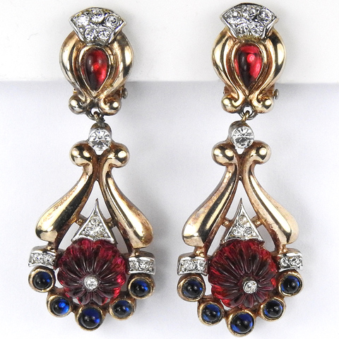 Trifari 'Alfred Philippe' Moghul Jewels 'Scheherazade' Ruby and Sapphire Pendant Clip Earrings