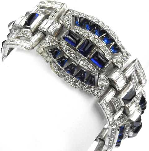 Trifari 'Alfred Philippe' Openwork Baguettes and Cushion Cut Sapphires Deco Link Bracelet