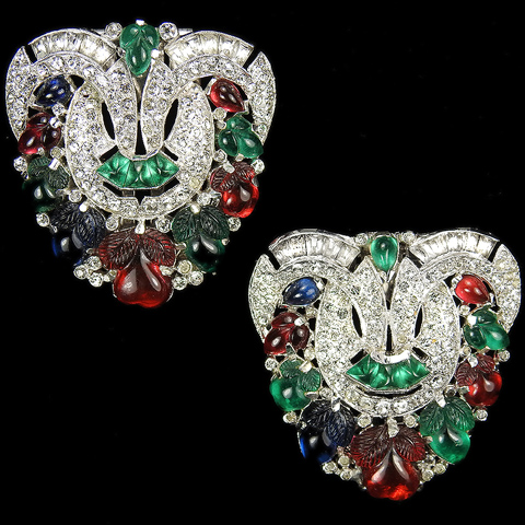 KTF Trifari 'Alfred Philippe' 1930s Jewels of India Tricolour Fruit Salads and Cushion Cut Emeralds Pair of Deco Dress Clips