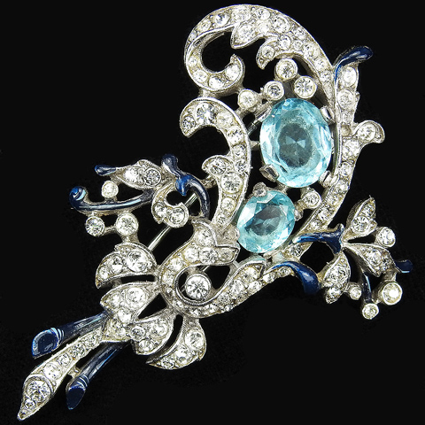 Trifari 'Alfred Philippe' Pave Enamel and Aquamarines Floral Swirl Pin Clip