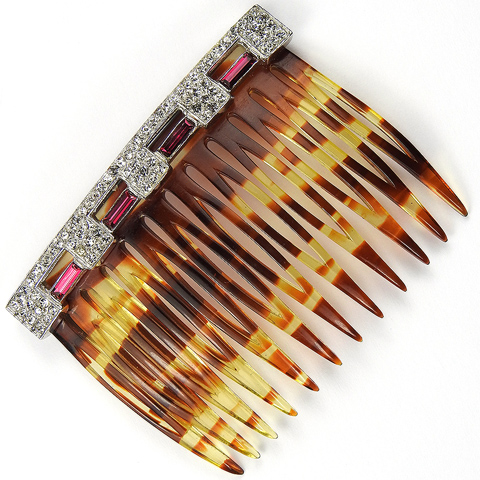 Trifari 'Alfred Philippe' Pave Crenellations and Ruby Baguettes Hair Comb