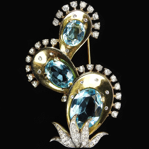 Trifari Sterling 'Alfred Philippe' Spangled Gold and Aquamarines Triple Cactus Pin Clip