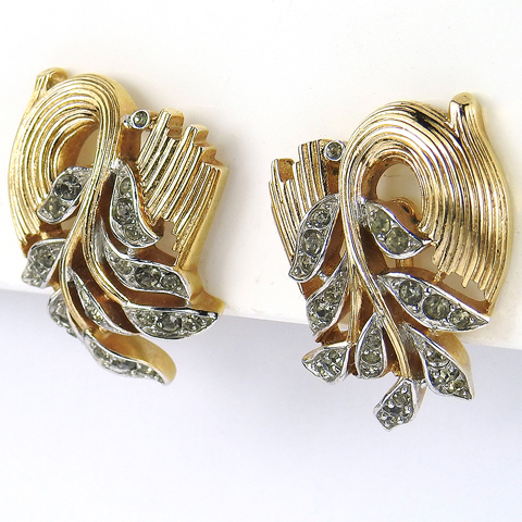 Trifari 'Alfred Philippe' Gold Swirl and Black Diamond Leaves Clip Earrings