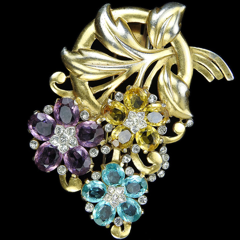 Trifari 'Alfred Philippe' Gold Leaf Swirl Pastel Citrine Amethyst and Aquamarine Flowers Floral Spray Pin Clip