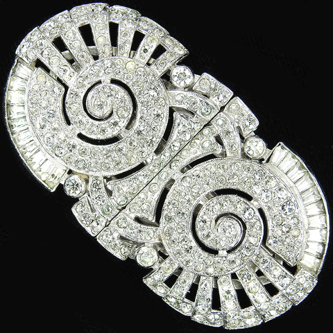 KTF Trifari 'Alfred Philippe' Pave Baguettes and Openwork Spirals Pair of Dress Clips or Clipmate Pin 