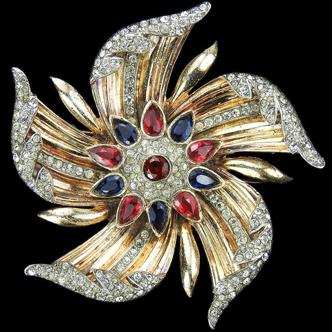 Trifari Sterling 'Alfred Philippe' Gold Pave Sapphire and Rubies Pinwheel Flower Pin Clip