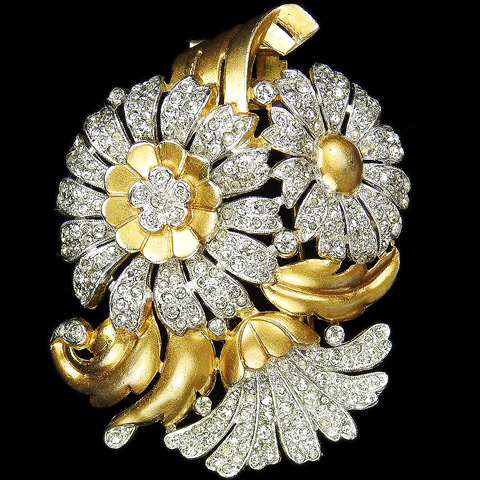 Trifari 'Alfred Philippe' Gold and Pave Triple Flower Floral Spray Pin Clip 