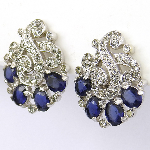 Trifari 'Alfred Philippe' Triple Pave Swirls and Sapphire Fruits Clip Earrings