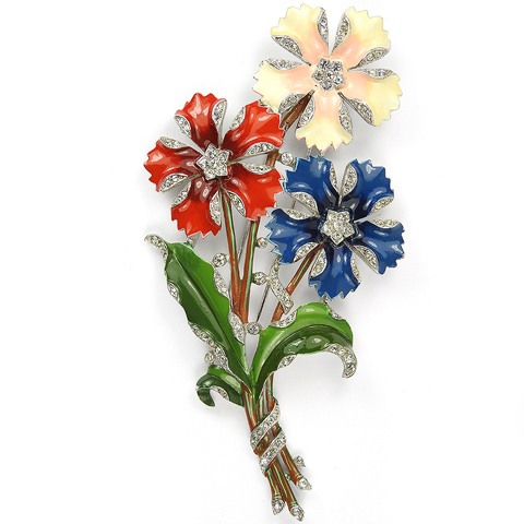 Trifari 'Alfred Philippe' Red White and Blue Three Flower Giant Floral Spray Pin Clip