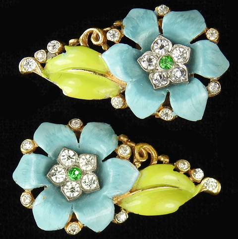 Trifari 'Alfred Philippe' Blue Carnation Flowers and Leaves Clip Earrings
