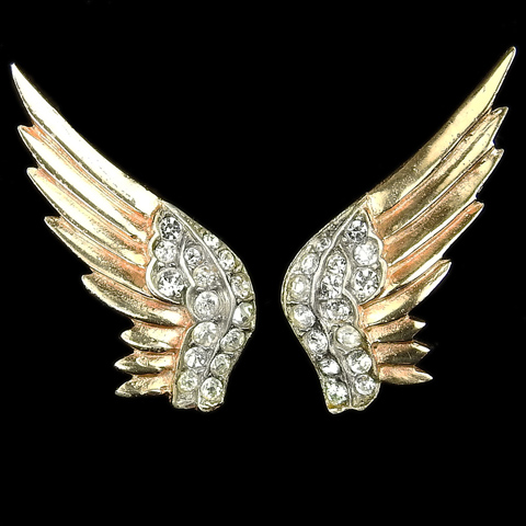Trifari Sterling 'Alfred Philippe' WW2 US Patriotic Gold and Pave Patriotic Eagle Wings Screwback Earrings