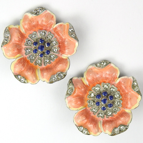 Trifari 'Alfred Philippe' 'Rue de la Paix' Pave and Enamel Pink Primrose or Poppy Clip Earrings