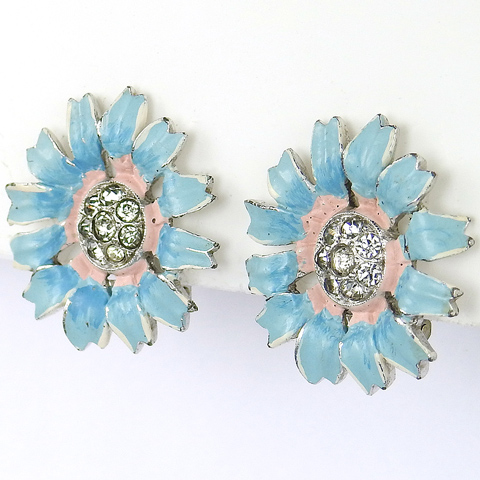 Trifari 'Alfred Philippe' 'Rue de la Paix' Pave and Enamel Blue and Pink Sunflower Clip Earrings