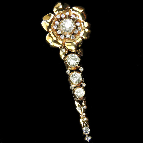 Trifari 'Alfred Philippe' Gold and Diamante Golden Rose on a Single Stem Pin