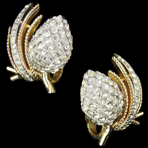 Trifari 'Alfred Philippe' Gold and Silver Pinecones on Branches Clip Earrings