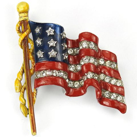 Trifari 'Alfred Philippe' WW2 US Patriotic Fluttering Stars and Stripes (Four Stripes) Flag with Tassels Pin