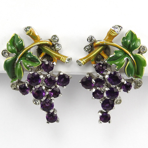 Trifari 'Alfred Philippe' Amethyst Grapes and Enamel Vine Leaves Screwback Earrings 