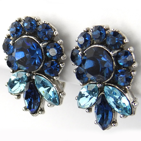 Trifari 'Alfred Philippe' Sapphire Flower and Blue Topaz Leaf Button Clip Earrings